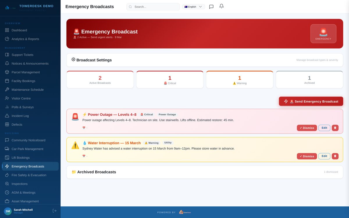 Emergency broadcast system for strata buildings — instant SMS and email alerts via TowerDesk