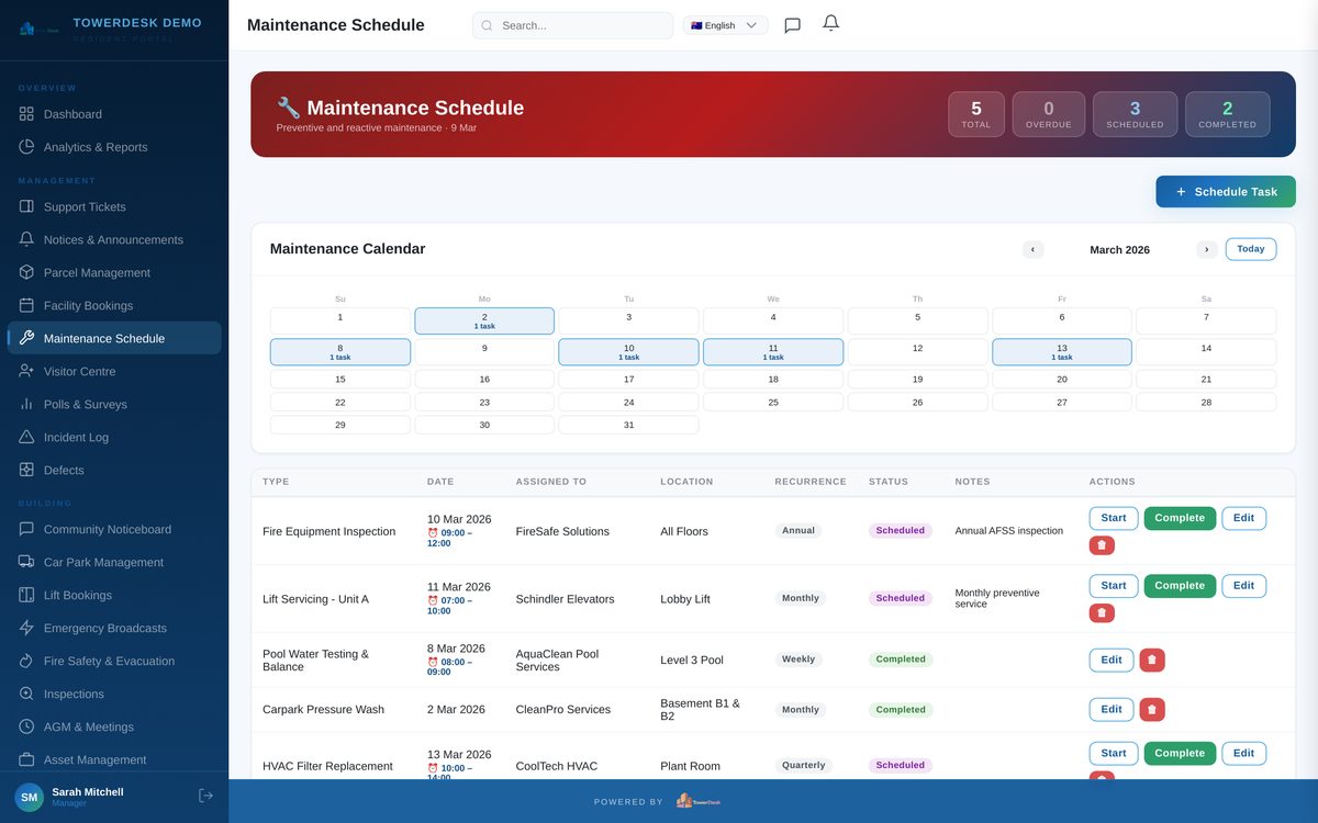 Strata maintenance management software — job scheduling and contractor workflows in TowerDesk