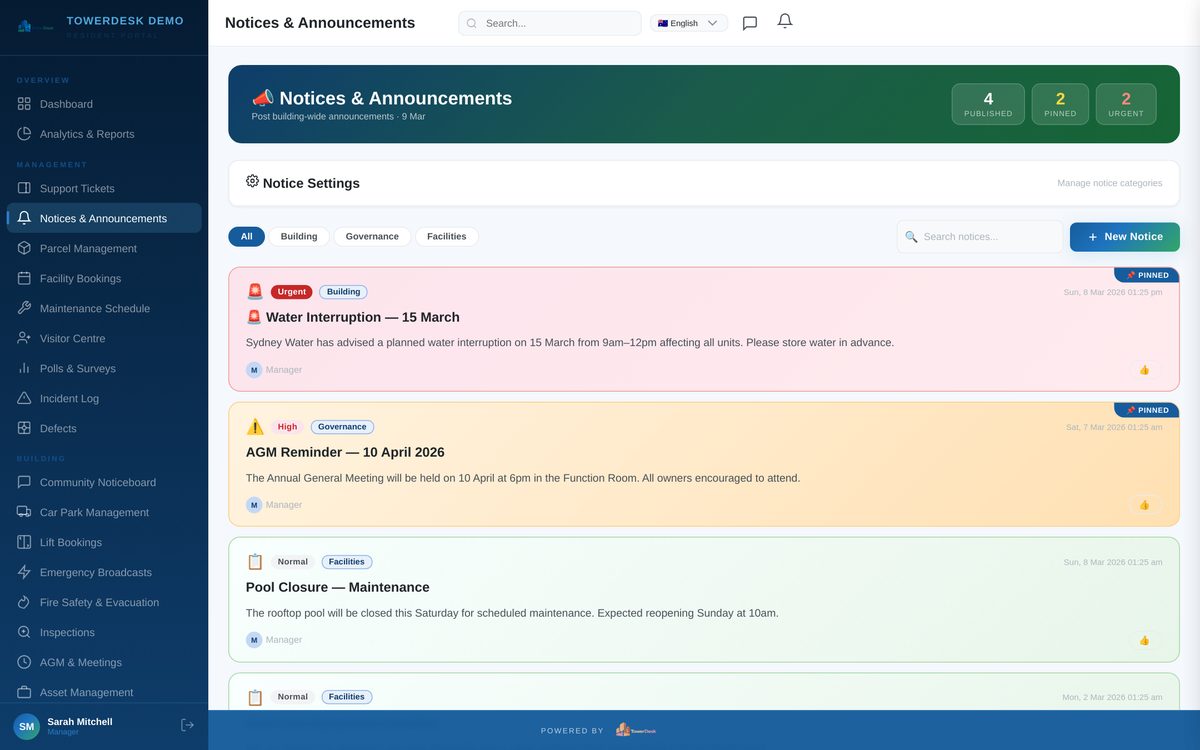 Digital notice board and resident communications — TowerDesk strata portal