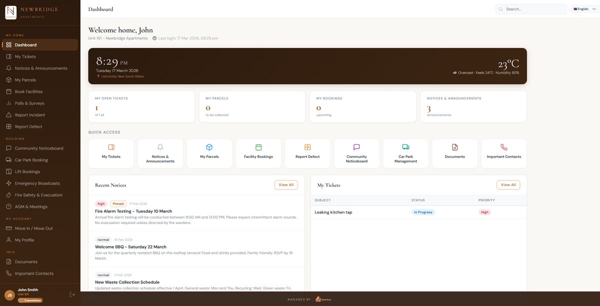 White-labelled resident portal for strata buildings — powered by TowerDesk