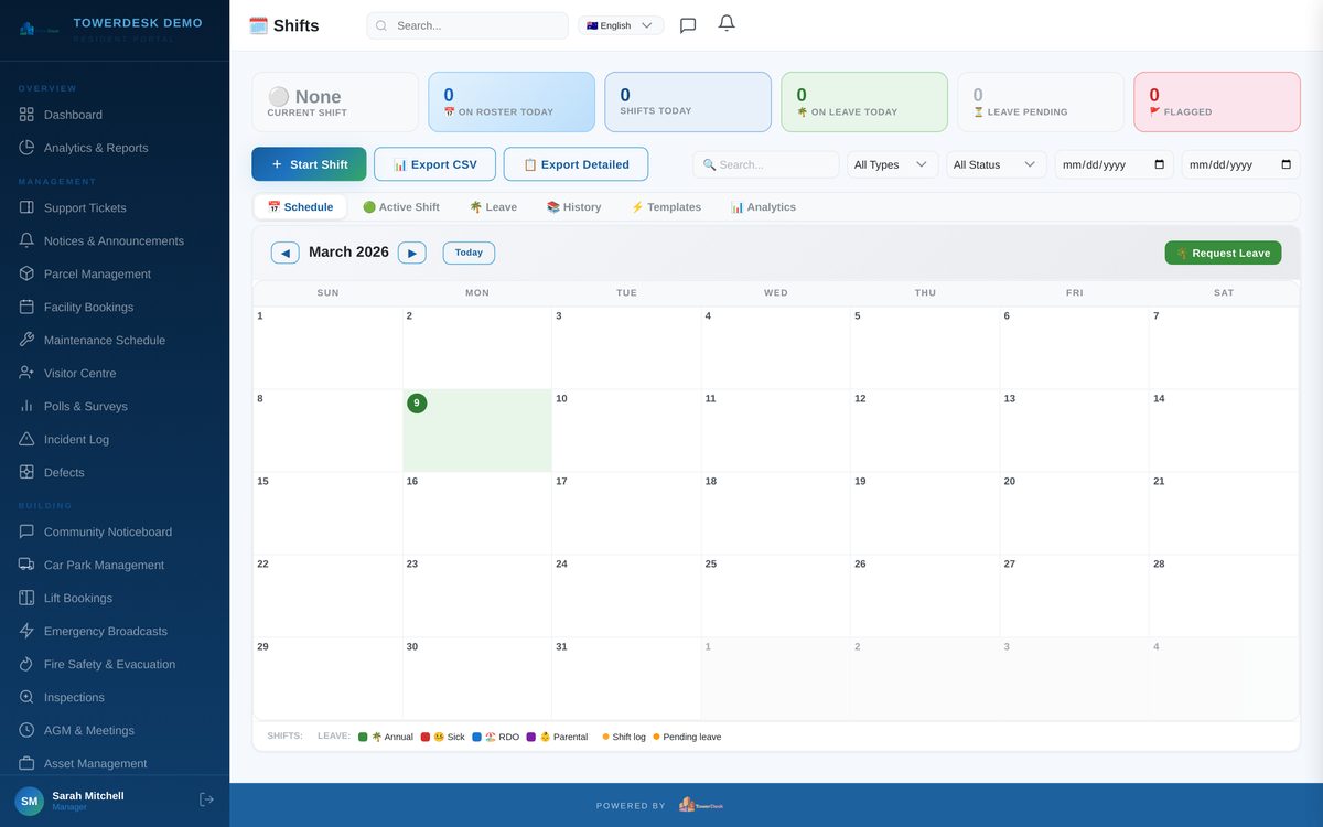 Shift log and building manager handover system — TowerDesk strata software