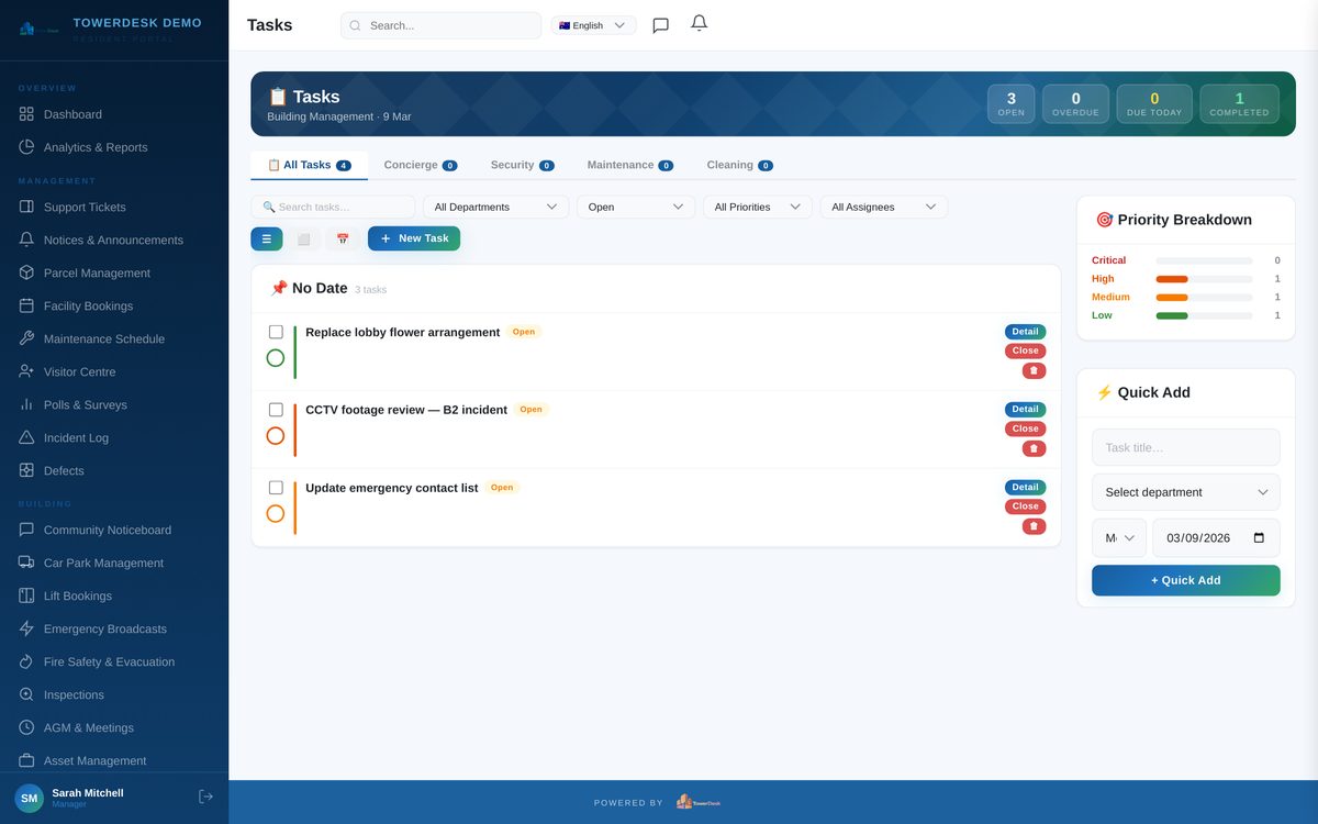 Task management and work order tracking for strata building managers — TowerDesk