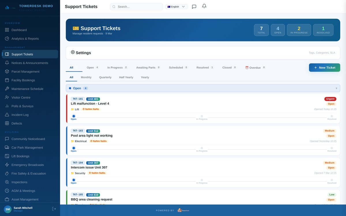 SLA support ticketing system for strata maintenance requests — TowerDesk